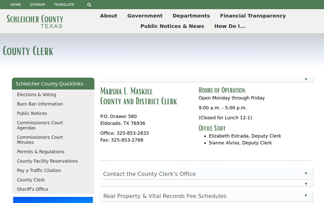 Schleicher County warrant lookup reference: County Clerk records contact page