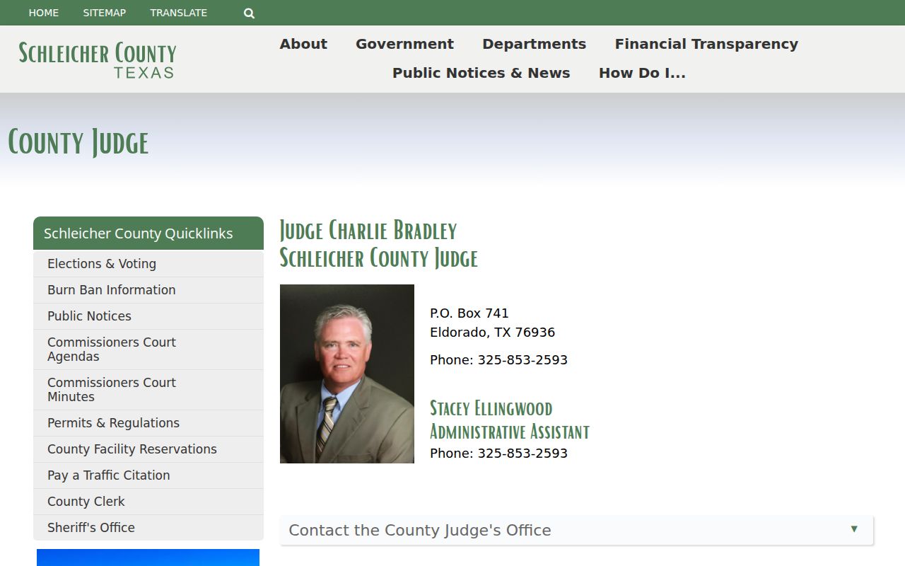 Schleicher County bench warrant reference: County Judge and County Court contact page