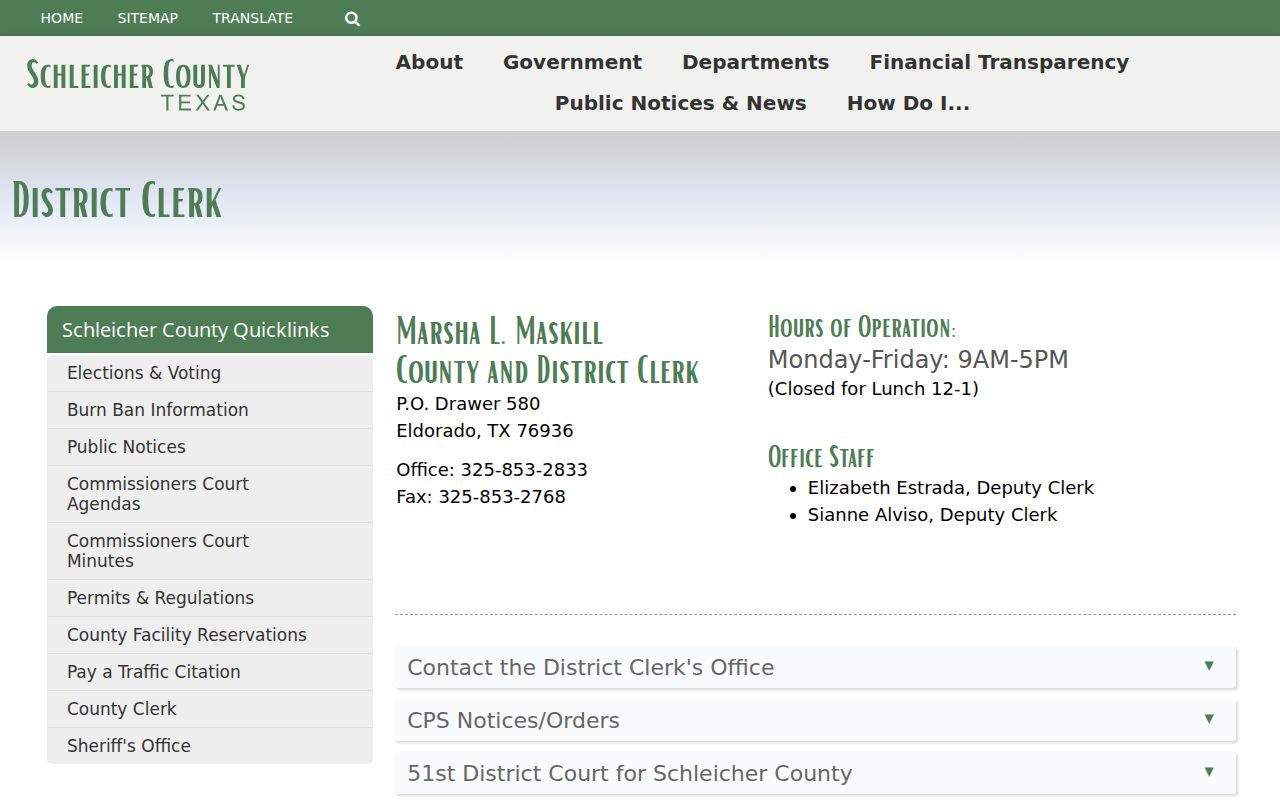 Schleicher County warrant lookup reference: District Clerk case-file contact page