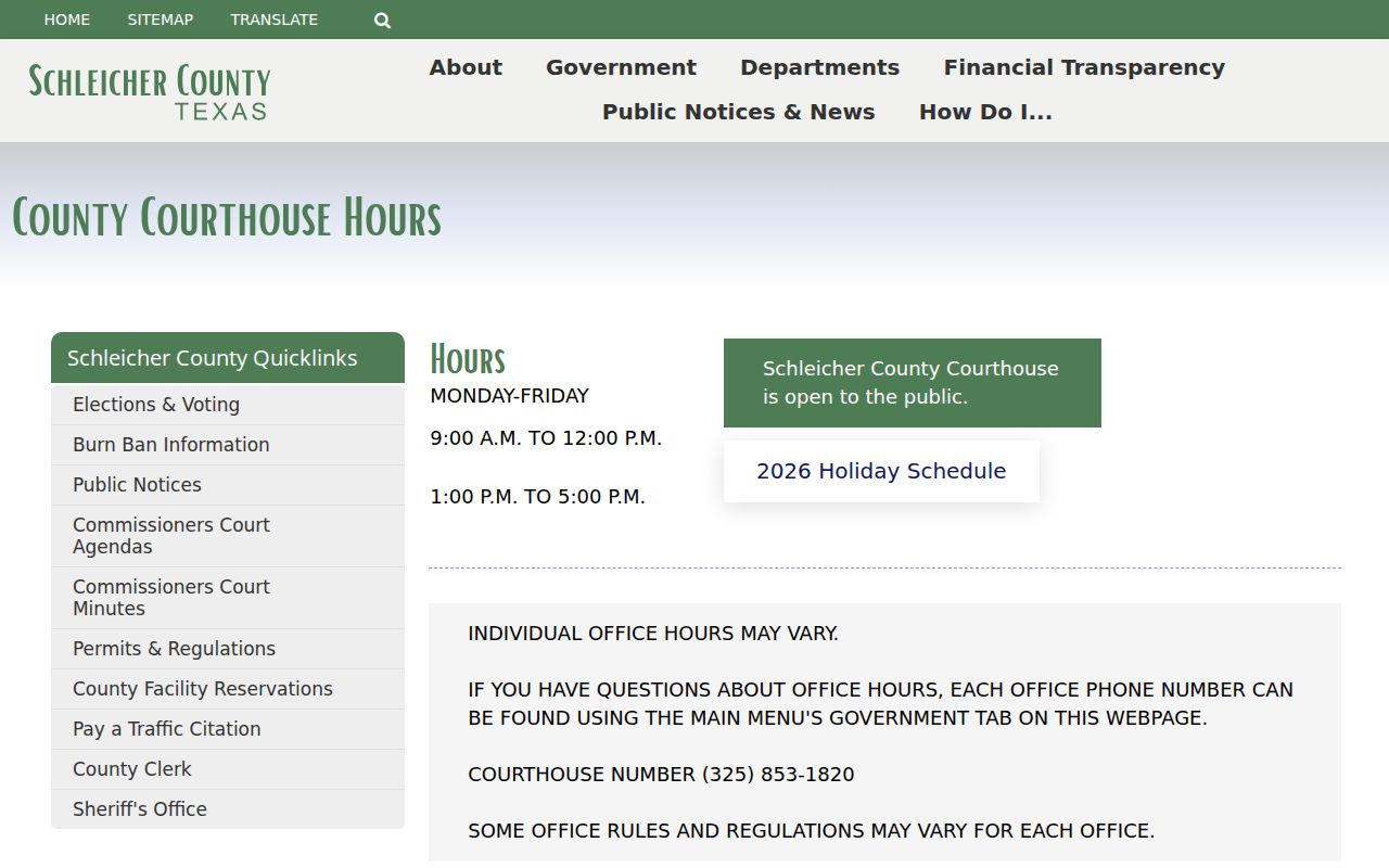 Schleicher County warrant records reference: official courthouse address and public hours