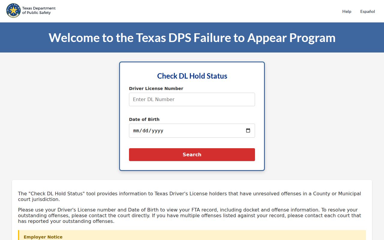 Schleicher County traffic warrant reference: Texas FTAP license-hold check form