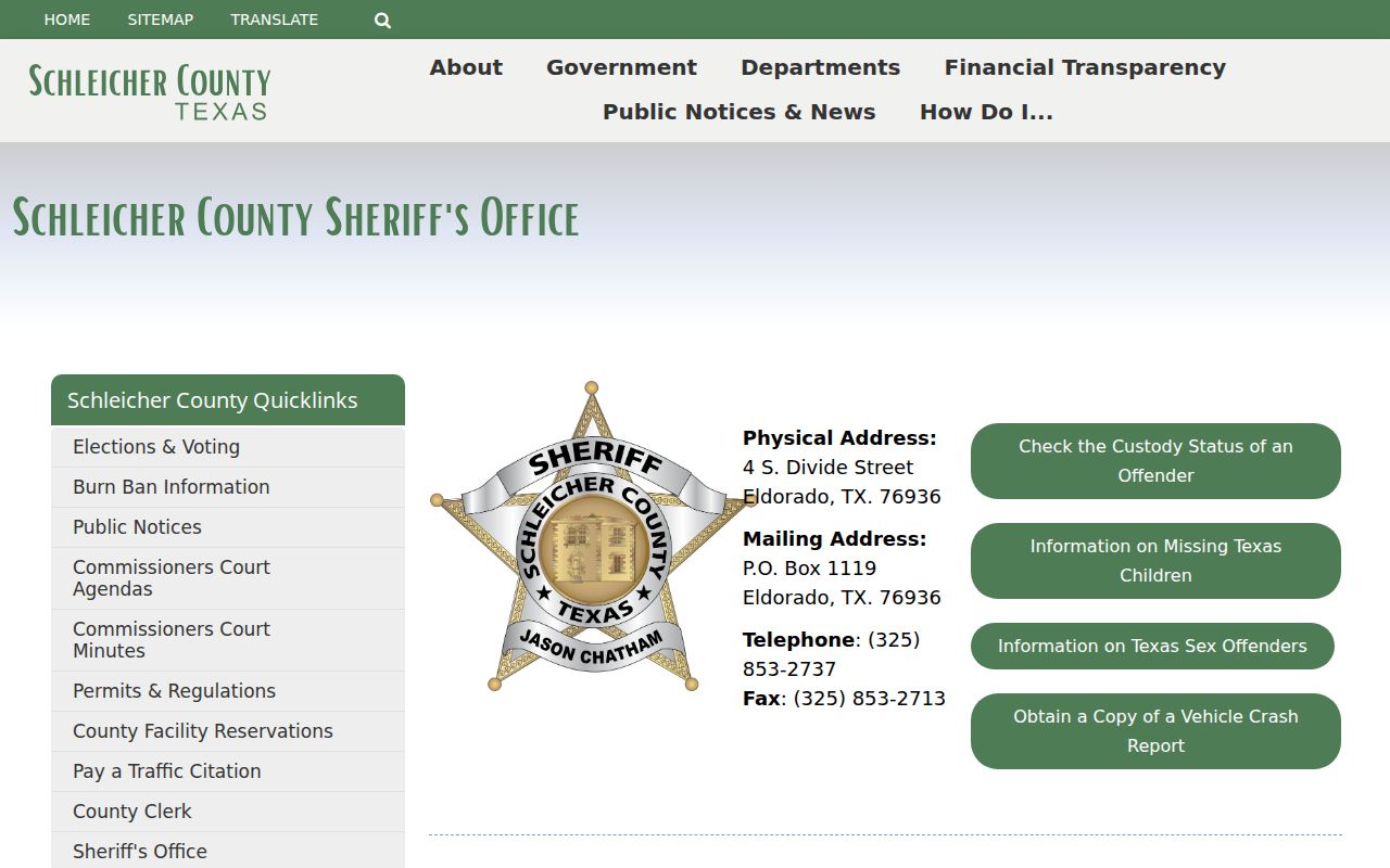 Schleicher County most wanted warrant reference: official Sheriff's Office contact page with no roster